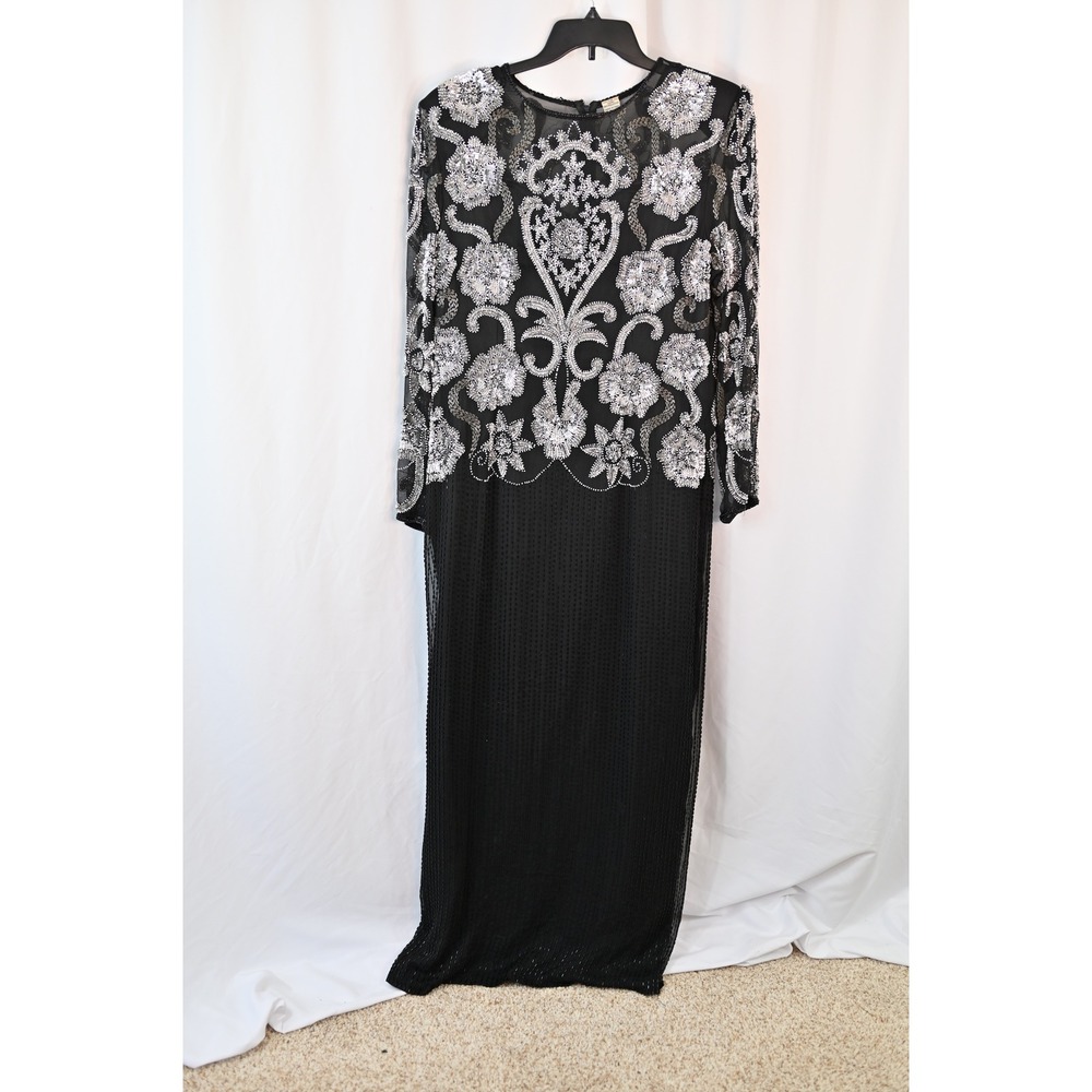 Vintage Silk Black Beaded Maxi Dress Silver Floral Evening Gown XXL Long Sleeve